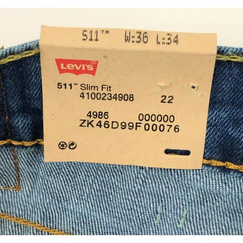 Levis 511 Slim Fit Tapered Leg Mens 36x34 Blue Jeans Distressed Denim Red Tab - Picture 7 of 12